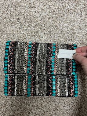 Francesca's Collections Turquoise, Coral & Metallic Beaded Clutch